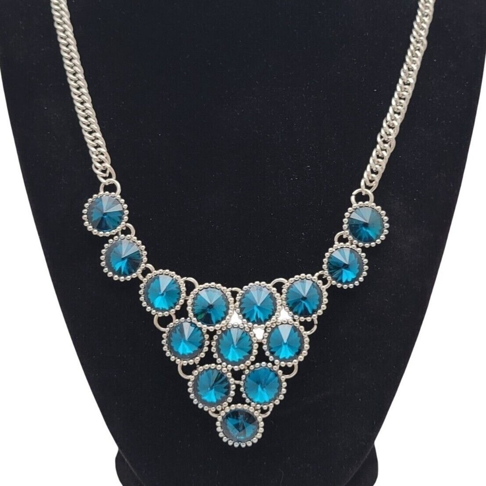 Statement Bib Rivoli Rhinestone Necklace 16" Teal Blue Glass Silver Tone
